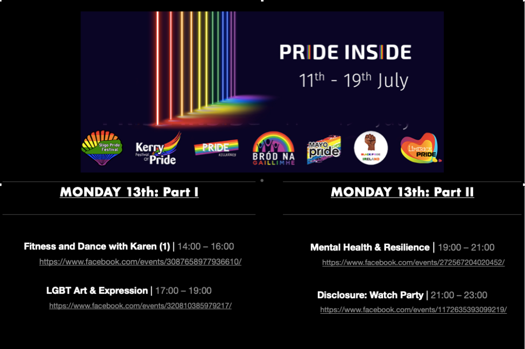 PRIDE INSIDE: 11th – 19th July Logos: Sligo Pride, Kerry Pride, Killarney Pride, Galway Community Pride, Mayo Pride, Black Pride Ireland, Limerick LGBTQ Pride. MONDAY 13th: Part I Fitness and Dance with Karen (1) | 14:00 – 16:00 https://www.facebook.com/events/3087658977936610/ LGBT Art & Expression | 17:00 – 19:00 https://www.facebook.com/events/320810385979217/ MONDAY 13th: Part II Mental Health & Resilience | 19:00 – 21:00 https://www.facebook.com/events/272567204020452/ Disclosure: Watch Party | 21:00 – 23:00 https://www.facebook.com/events/1172635393099219/