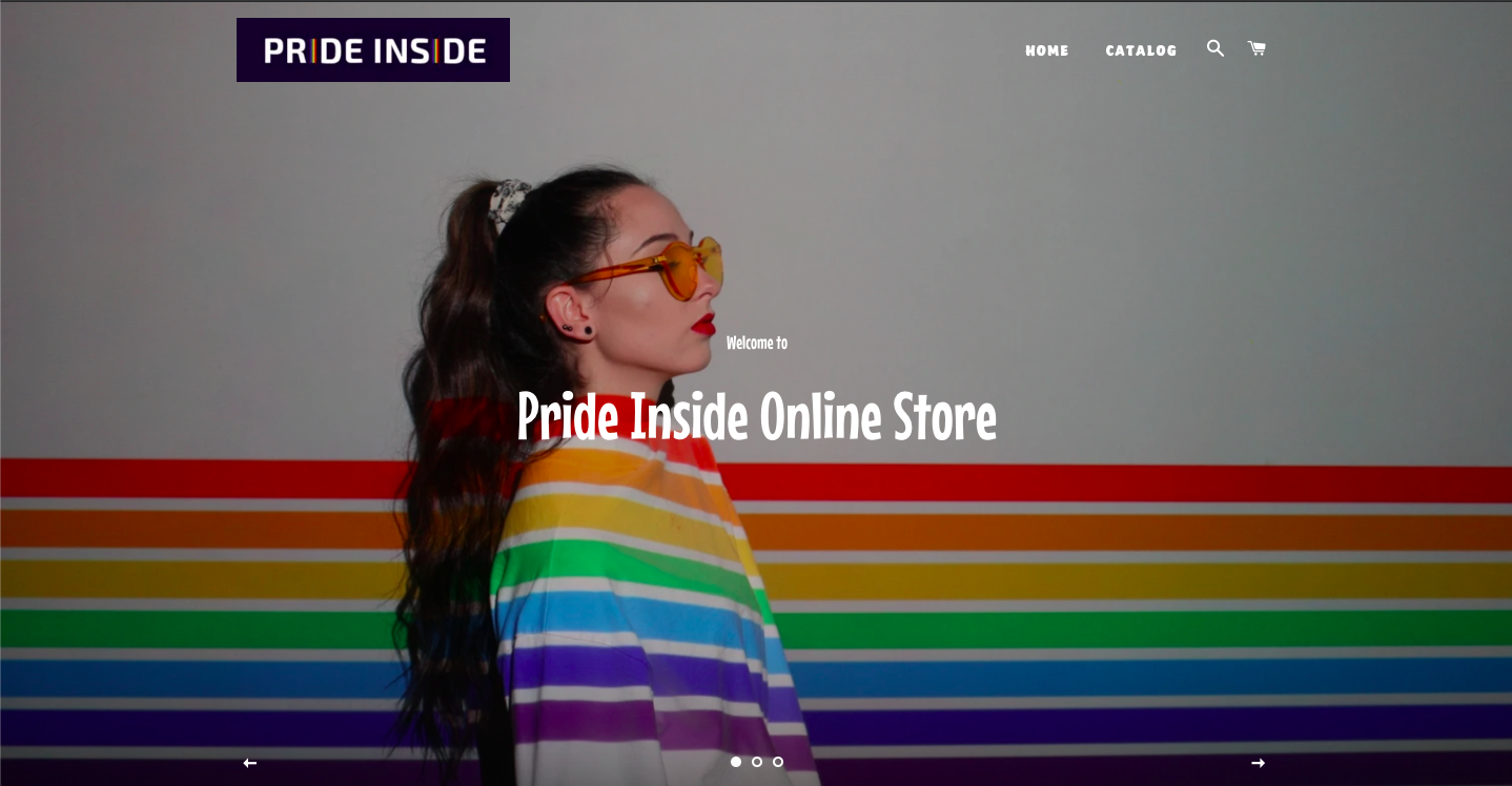 Pride Inside Online Store with an image of a woman with long wavy auburn hair in Pride themed jacket and sunglasses.